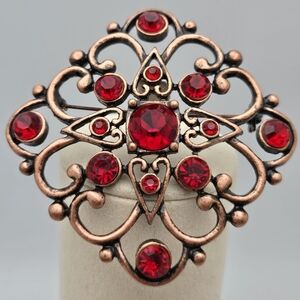 Ruby Red & Gold Tone Filigree Brooch Antique Vintage Look Pin